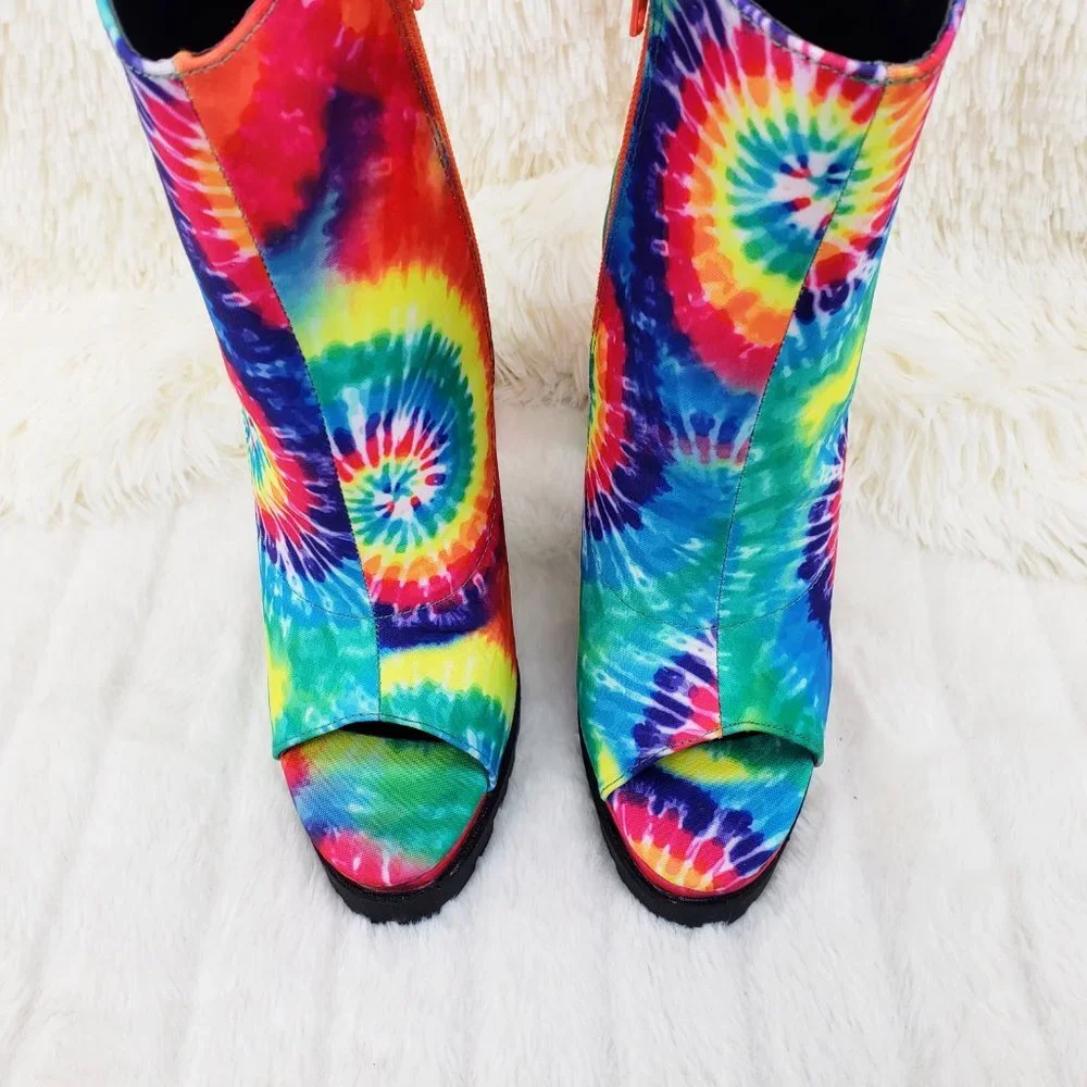 Trippin Colorful Tie Dye Open Toe Chunky Platform Heel Ankle Boots - Picture 10 of 11